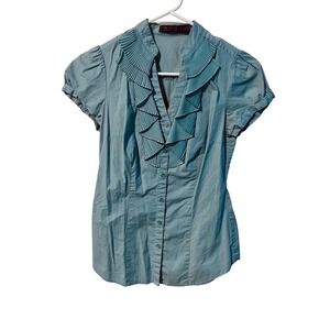 The Limited Essential Shirt teal Pleated Ruffle Collar Short Sleeve Button Up XS